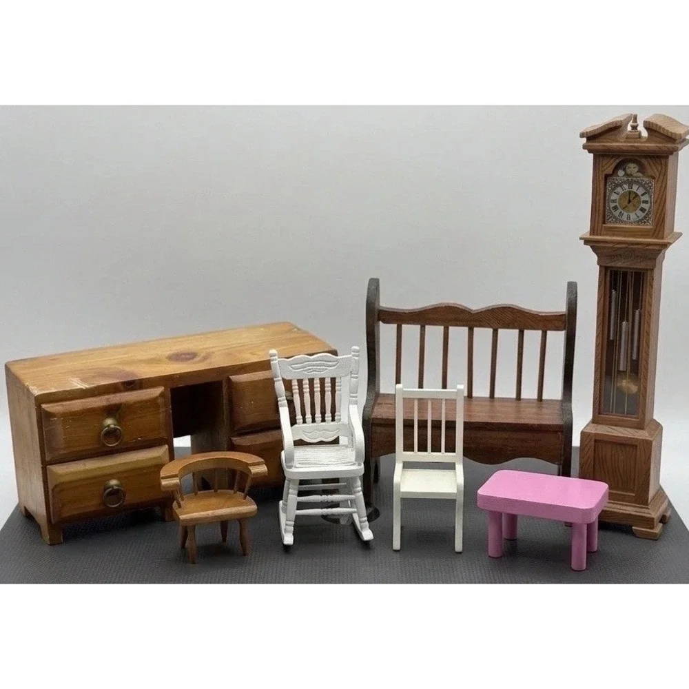 Vintage 1:12‎ Scale Dollhouse Furniture Lot 7pc Desk Chairs Grandfather Clock